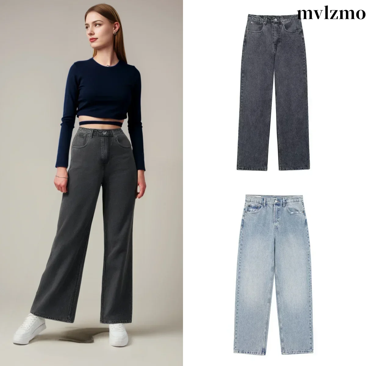 

2024 Women's Loose Pocket Jeans Y2K Women's Summer Casual Denim Blue Street Trousers Chic High Waist Hole Decoration