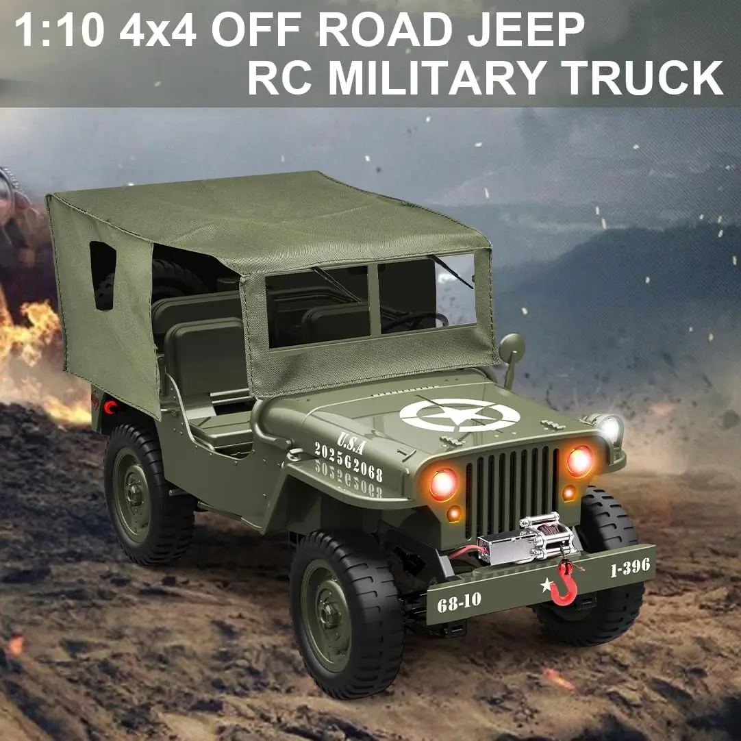 1:10 Remote Control Military Jeep Rock Crawler, 4WD Off-Road Truck with Winch, Canvas Top, 2 Batteries, 2.4G LED Lights, All Terrain Army Climbing Vehicle for Kids & Adults