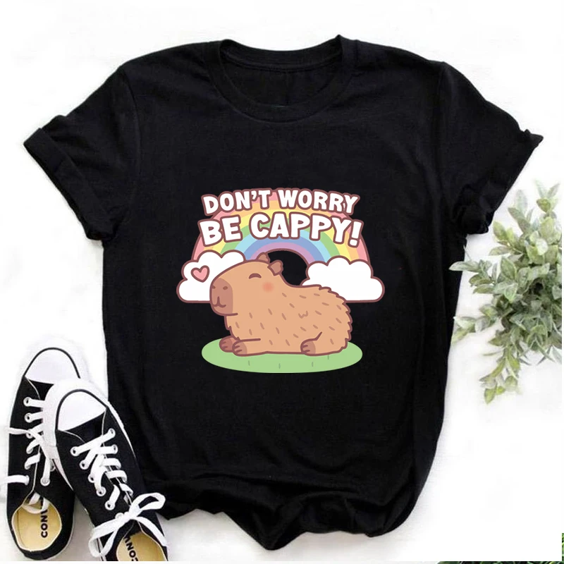 Don't Worry Be Cappy T Shirt Kawaii Capybara Print Unisex Tshirt Streetwear Cartoon Graphic O-Neck Casual Women Men T-shirt