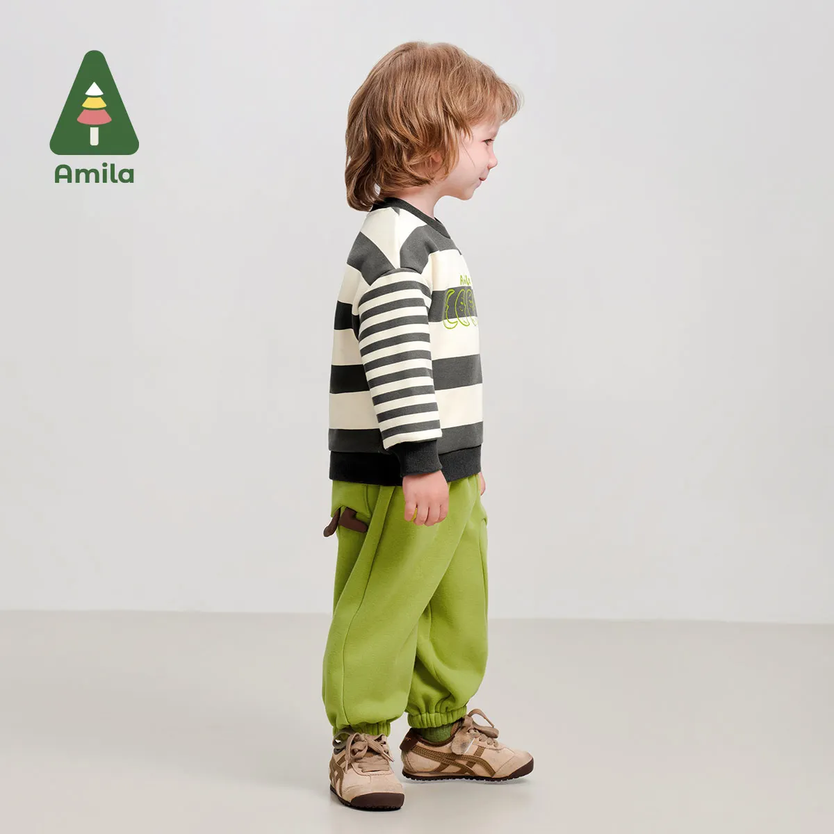 Amila Baby Sweatshirt 2024 Winter New High Quality Boys And Girls Striped Plus Velvet Warm Skin-Friendly Loose Children’s Tops