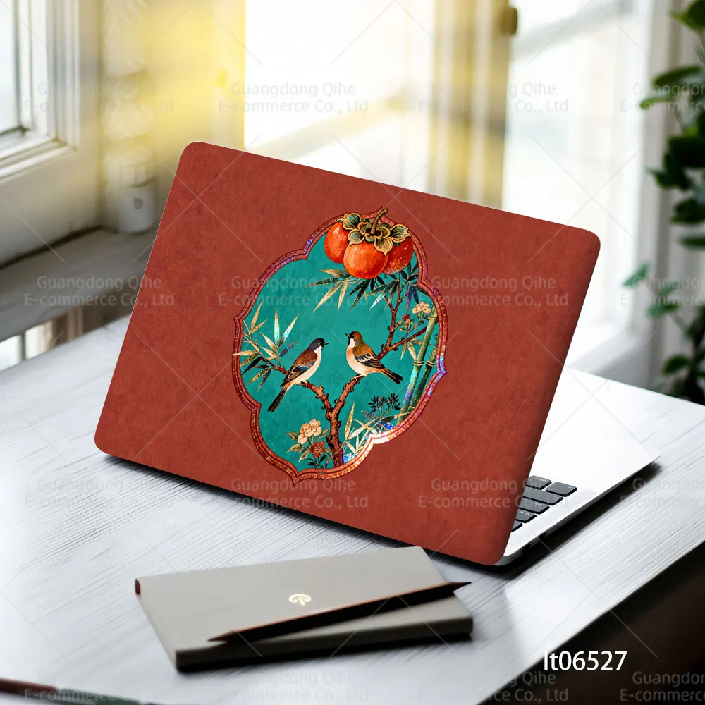 2PCS Chinese Style Bamboo & Bird Laptop Skin Sticker, Retro Red Palace Art Decal Cover for Macbook HP Dell Lenovo 11-17 inch
