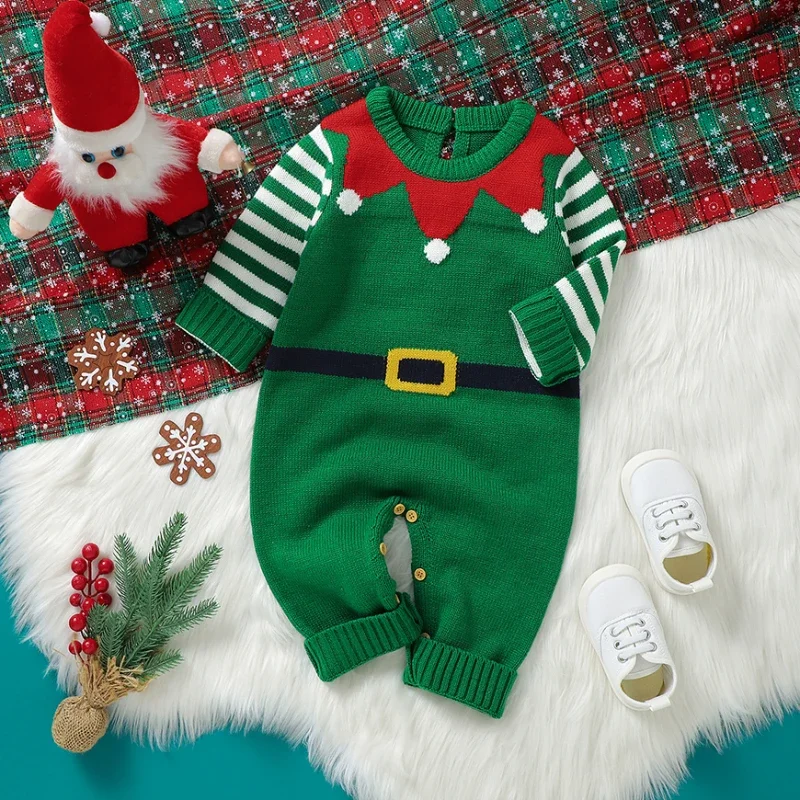 Newborn Netural Green Santa Claus Pattern Jumpsuits Playsuits Winter Outwear Infant Boys Girls Costumes Baby Rompers Long Sleeve