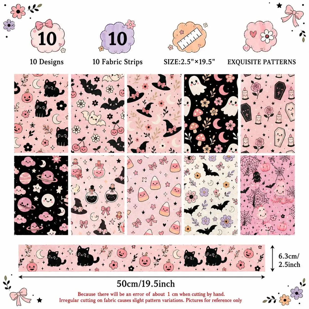 10pcs Cat Bat Ghost Halloween Jelly Roll Fabric Strips 2.5X19.7inch Pre-Cut Polyester For Patchwork Quilts, Table Runners