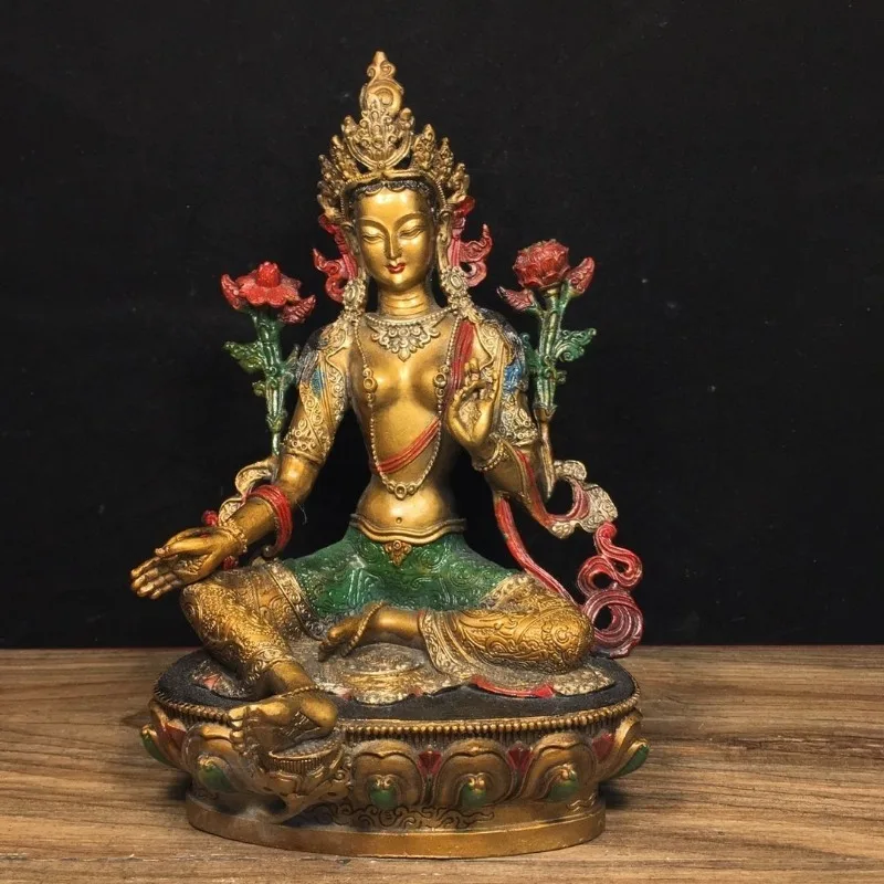 Peinture vintage, statue de Tara verte, déesse bouddhiste tibétaine de la compassion, Feng Shui, méditation, décoration d'autel à domicile