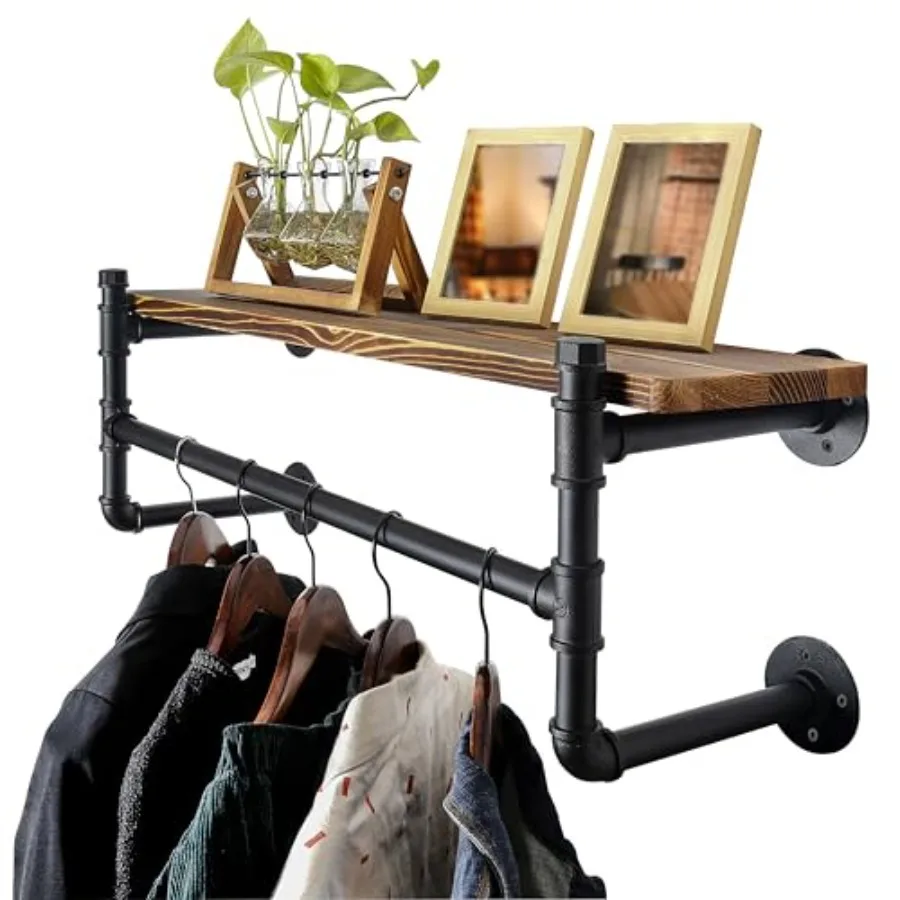 

Wall Mounted Clothes Rack with Shelf" dustrial Pipe Clothg Rack with Shelves Heavy Duty Iron Garment Bar Retail Display Clothes