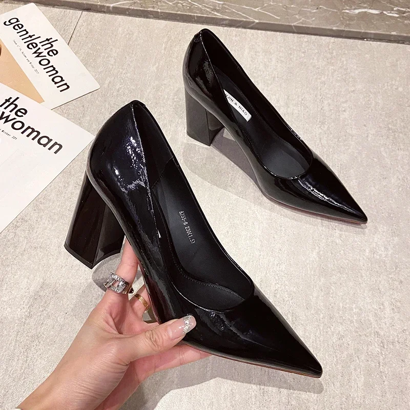 

Women Shoes Patent Leather Slip-On Chunky Heels High Heels Women Temperament Pointed Toe Shallow Sexy Wedding Shoes Pumps
