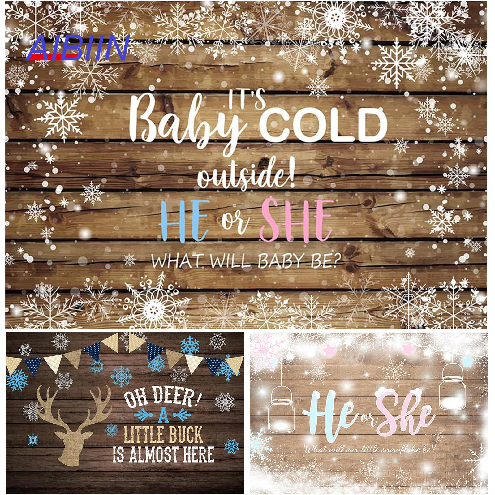 AIBIIN Wood Theme Snowflake Gender Reveal Backdrop He or She Baby Shower Party Decorations Cake Table Photography Background