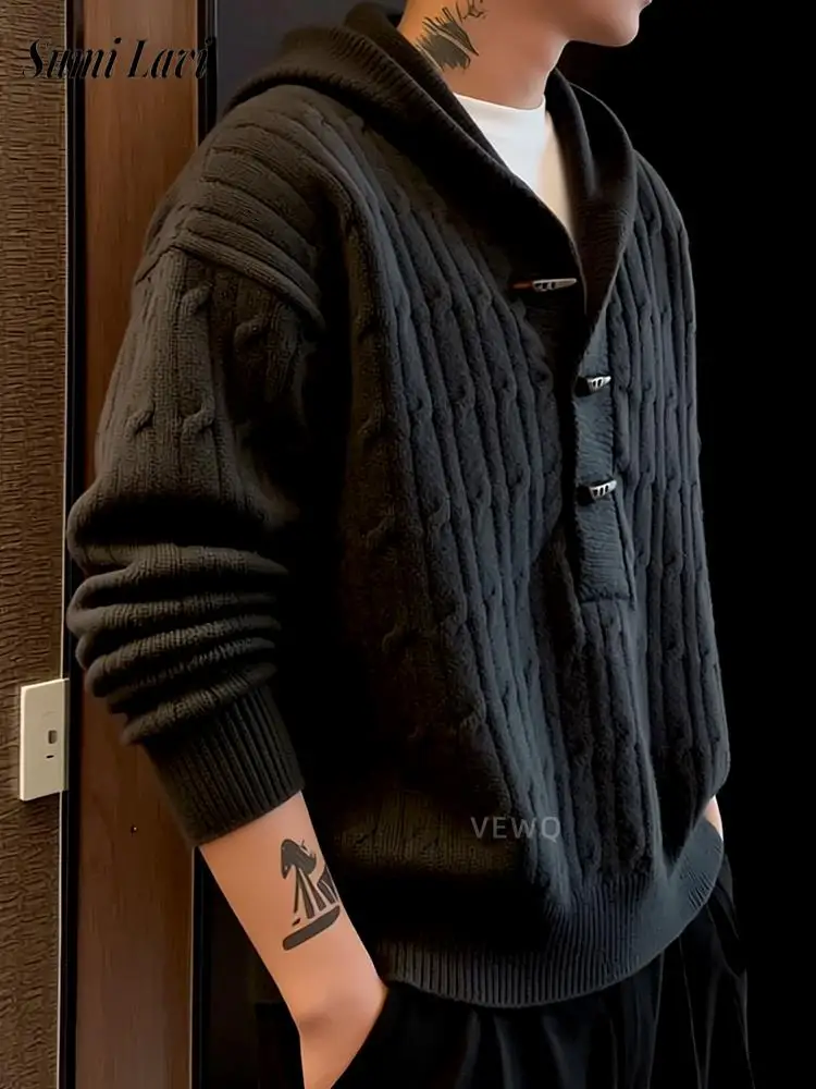 

Trendy Mens Solid Color Hoodies Knitting Long Sleeve Button-up Hooded Sweaters 2026 Spring Casual Men Textured Hoodie Streetwear