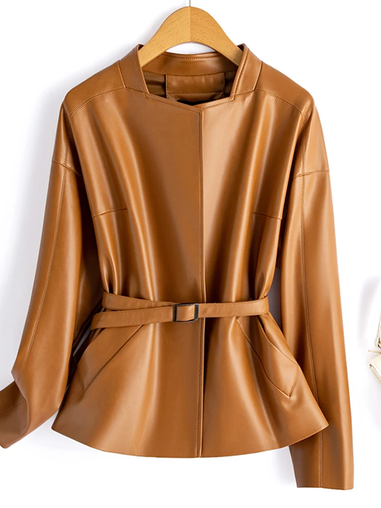   Ning Echt Lederen Jaet Damesjas 2025 Lente Nieuwe Koreaanse Versie Taille-afslankende Geriemde Eepskin Jas