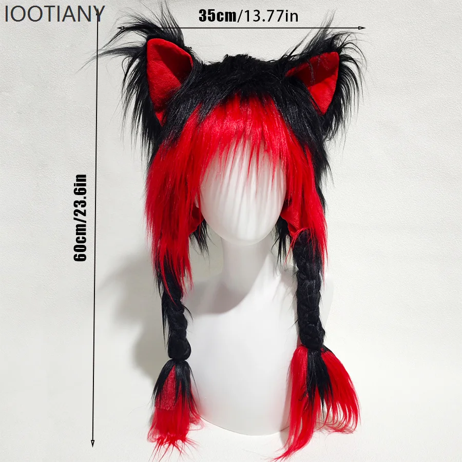 IOOTIANY-Sombrero de felpa Kawaii con orejas de gato para Cosplay, rojo y negro, con orejeras tejidas y cálidas y esponjosas, tocado, accesorios de Anime