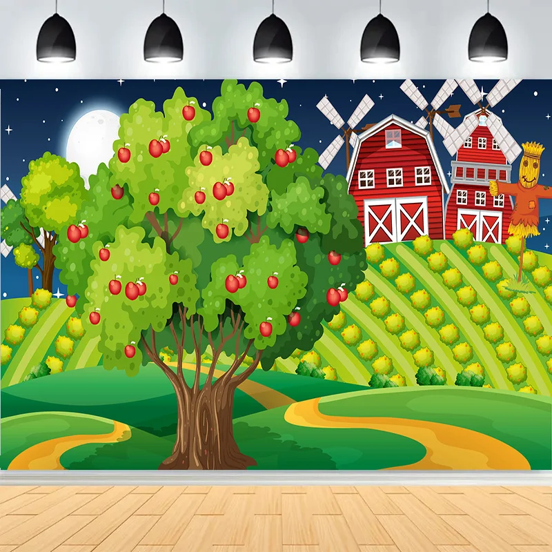 مشهد المزرعة رجل المزارع القديم والحيوانات اللطيفة خلفيات للتصوير الفوتوغرافي الحمراء الحظيرة طاحونة الألبان البقرة حفلة عيد ميلاد خلفية NC-04 #5