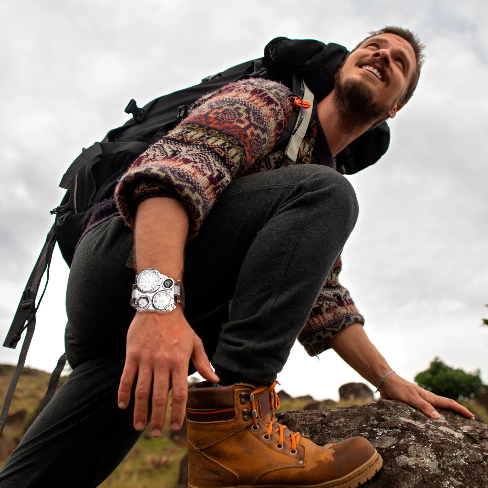 

Thermometer Compass Quartz Watch Dual Movement Multi Time Display Men's Fashion Quartz Watches for Overseas Travel Gift