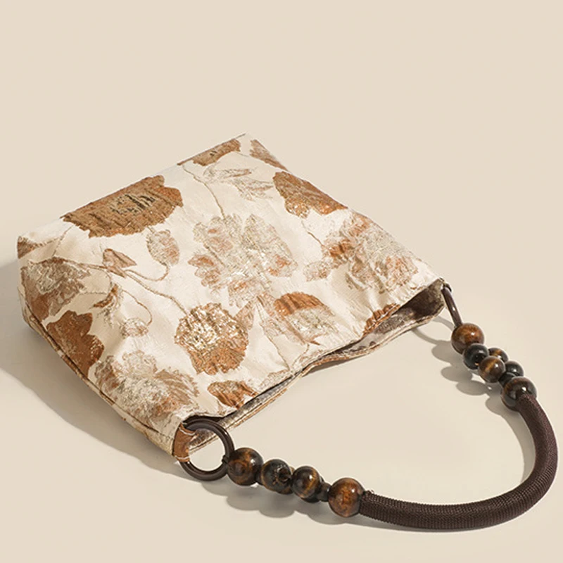 New Vintage Wood Bead Braided Chain Shoulder Bag Jacquard Silk Handbags One-Shoulder Bucket Underarm Bag Hand Embroidery Totes