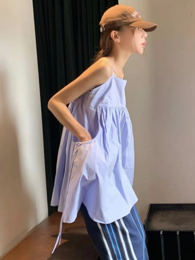 2024 Summer New Camisole Vest Skirt Vintage All-match A-line  for Women Y2k E-Girl Sleeveless Blue Vestidos De Mujer