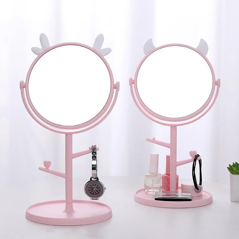 Cashou24 Roze Kat Oor Spiegel Tafel Desktop Aanrecht Base Gebruik Voor Badkamer Gewone Make-Up Spiegel Met Sieraden Cosmetische Planken