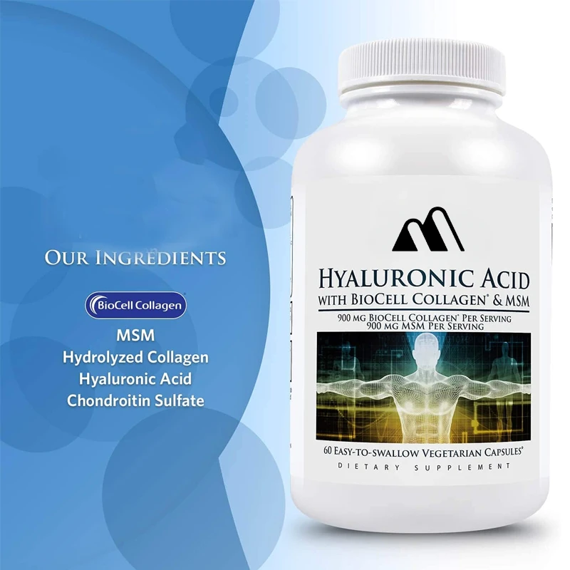 Hyaluronic Acid and Biological Cell Collagen and MSM - Skin Moisturizing, Joint Lubrication, UVB Protection -60 Capsules