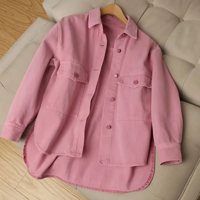 New Women Pink Jeans Jacket Oversized Korean Style Single Breasted Chic Denim Coats Spring Autumn Cowboy Jackets Outwear