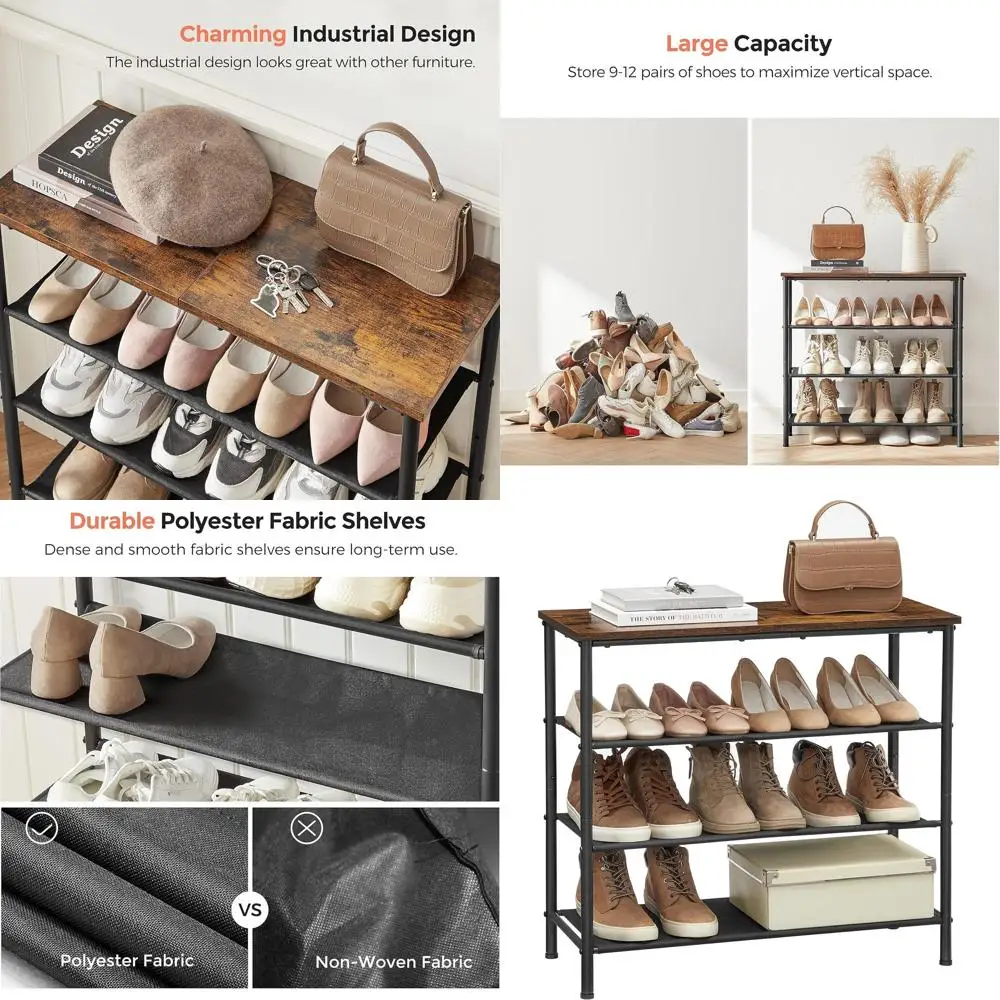 

4-уровневый органайзер для хранения обуви, вмещает 9-12 пар, тканевые полки, стальной каркас, цвет: рустик-коричневый и черный