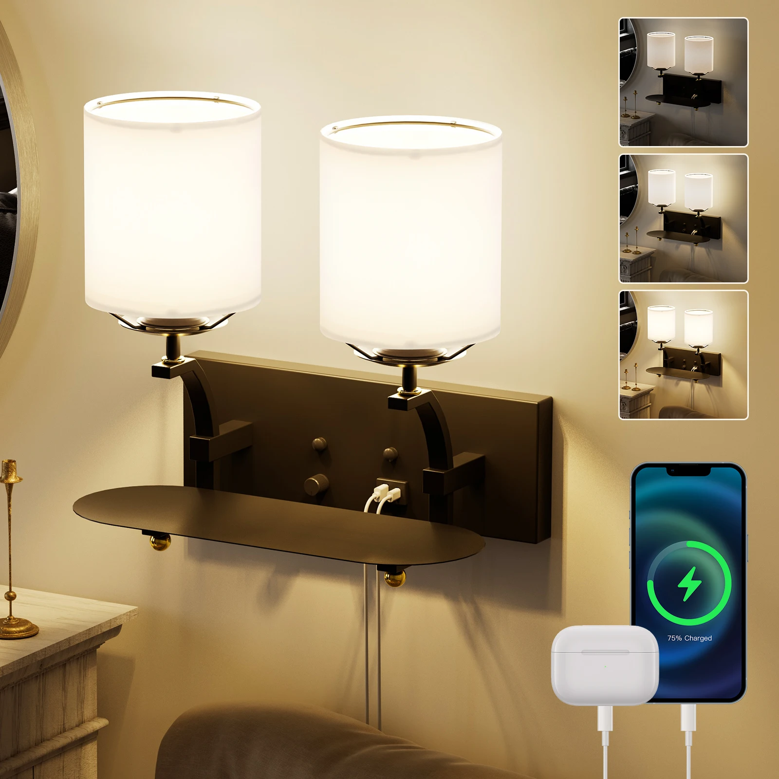 HYMELA Dimmable Wall Sconce Lamp with USB Charging, Bedside Wall Lighting with Shelf, Used for Bedroom Living Room Hallway