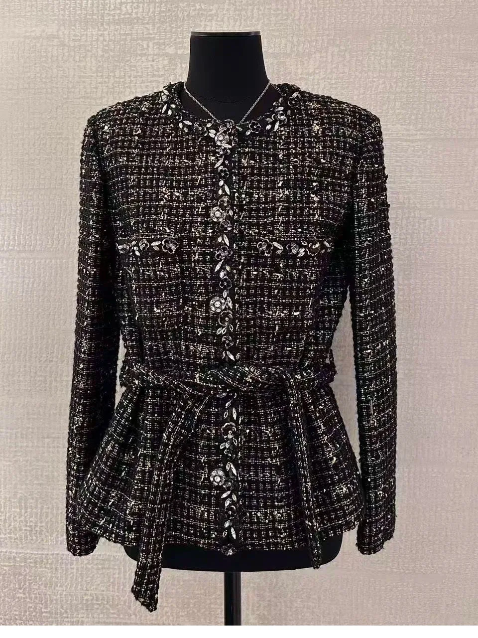 

Черное золотистое пальто с тяжелой алмазной отделкой, осенняя новинка 2025 года, твидовая верхняя одежда для офиса, прямой крой