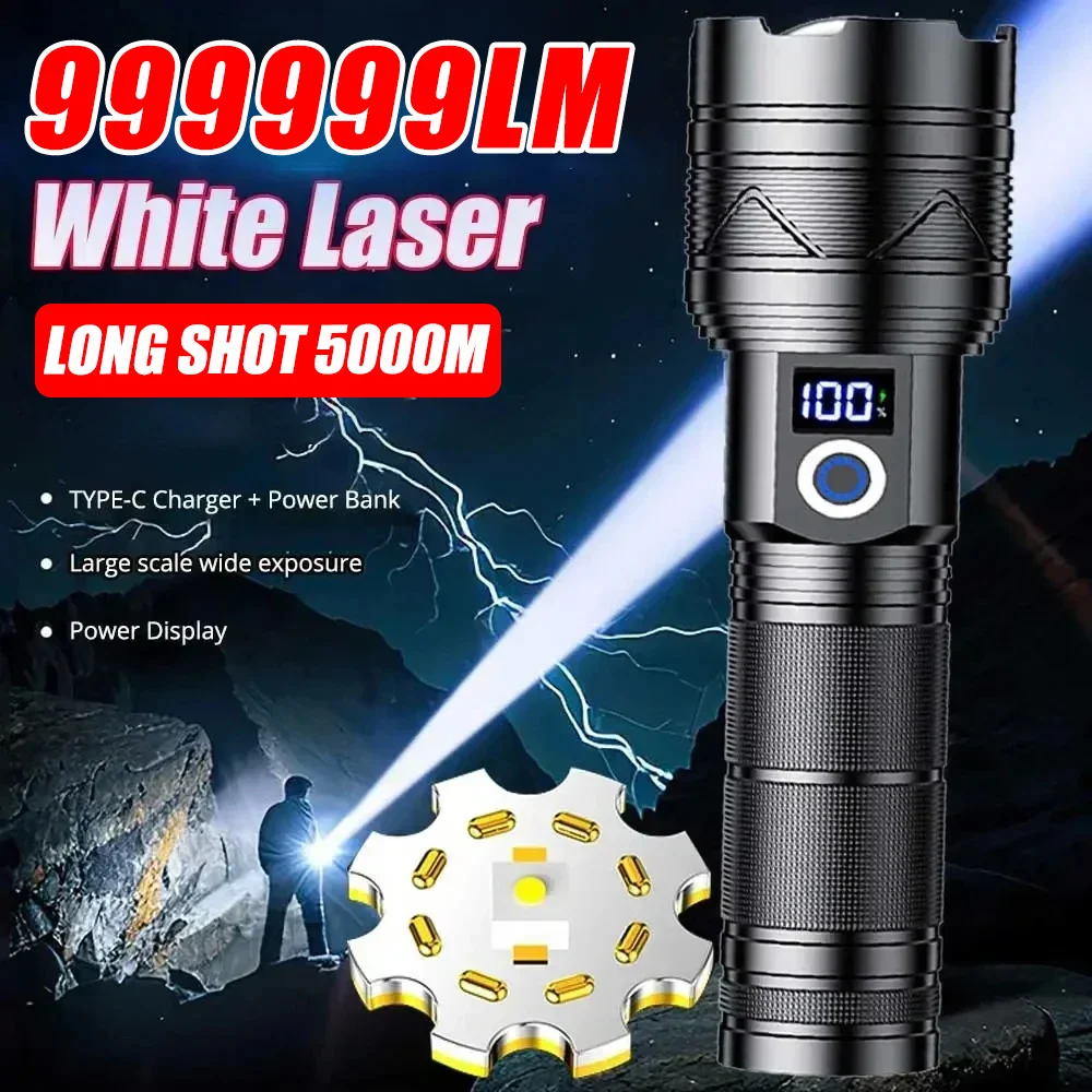 999999LM High Power LED Flashlight Rechargeable Zoom Emergency Torch Super Bright Spotlight Long Range Tactical Camping Lantern