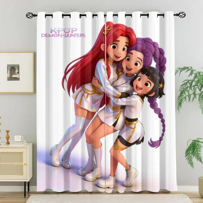 2pcs Kawaii Kpop Anime Girls Curtains 3D Group Hug Print Blackout Drapes Aesthetic White Gradient Curtains for Teens Bedroom