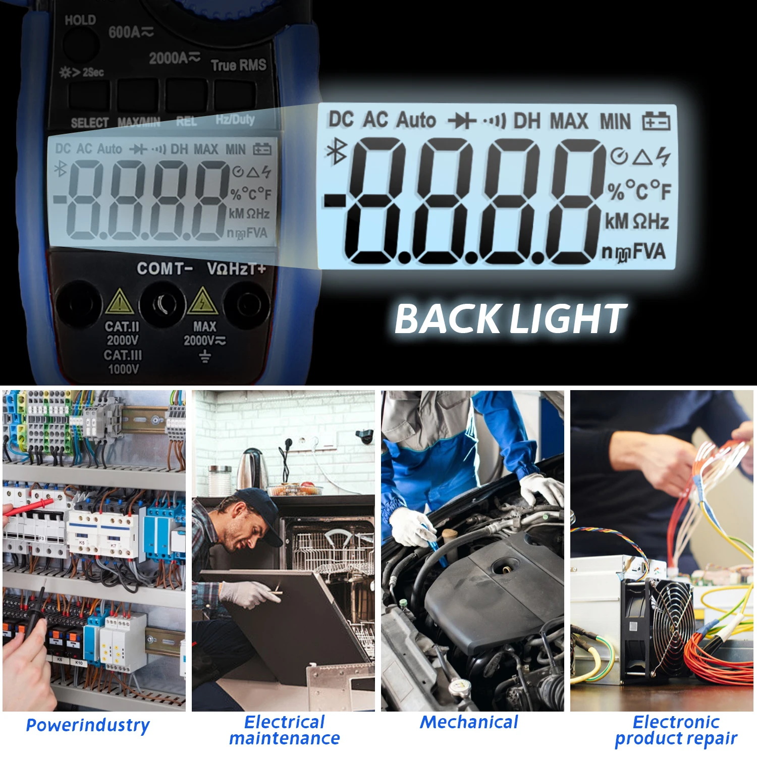 HOLDPEAK digitale stroomtang, 2000A / 2000V, True RMS-meter, met Bluetooth, APP, AC/DC-spannings- en stroomtester HP-570Y-APP