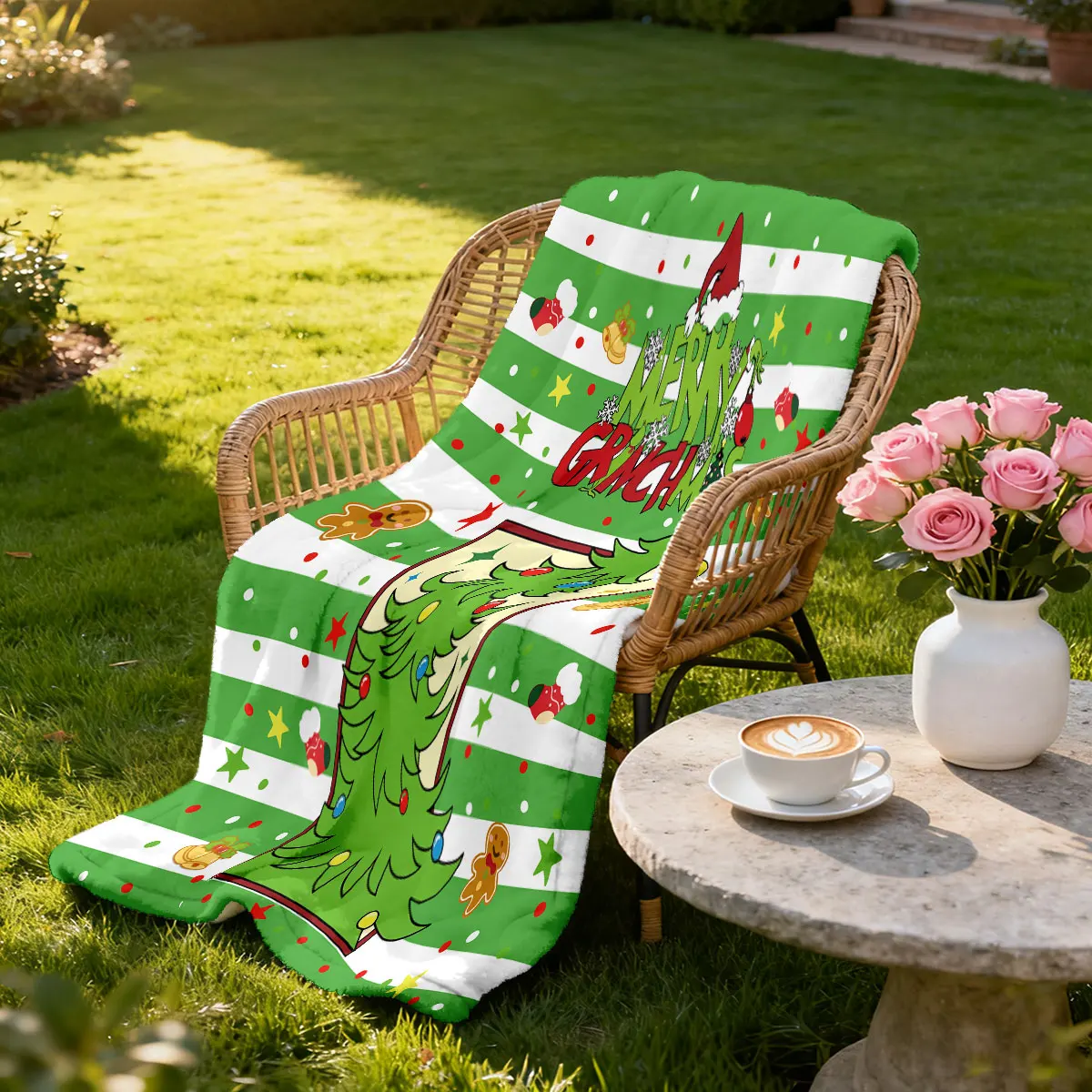 1 Stück grün gestreifte Flanelldecke mit Weihnachtsbaumdruck, Wohnzimmer, Sofa, mehrere Größen, weiche, bequeme Freizeitdecke