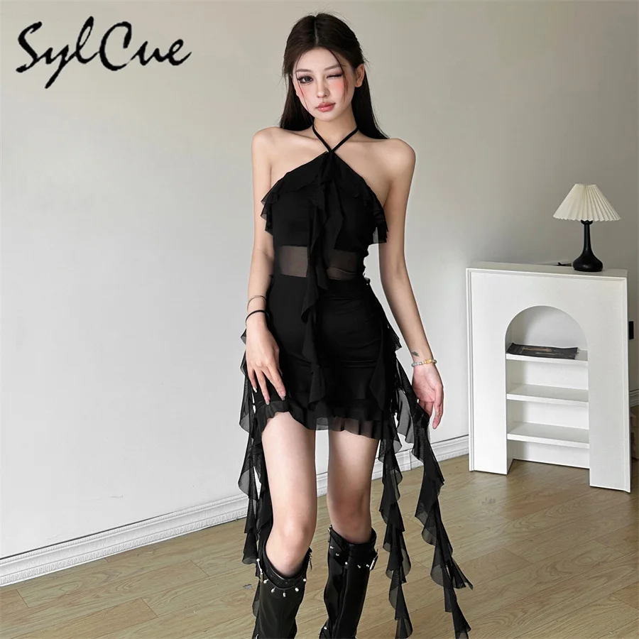 Sylcue 2024 primavera nuevo dulce suave Sexy maduro hermoso elegante fiesta reina mujeres cuello corto con volantes vestido con borlas