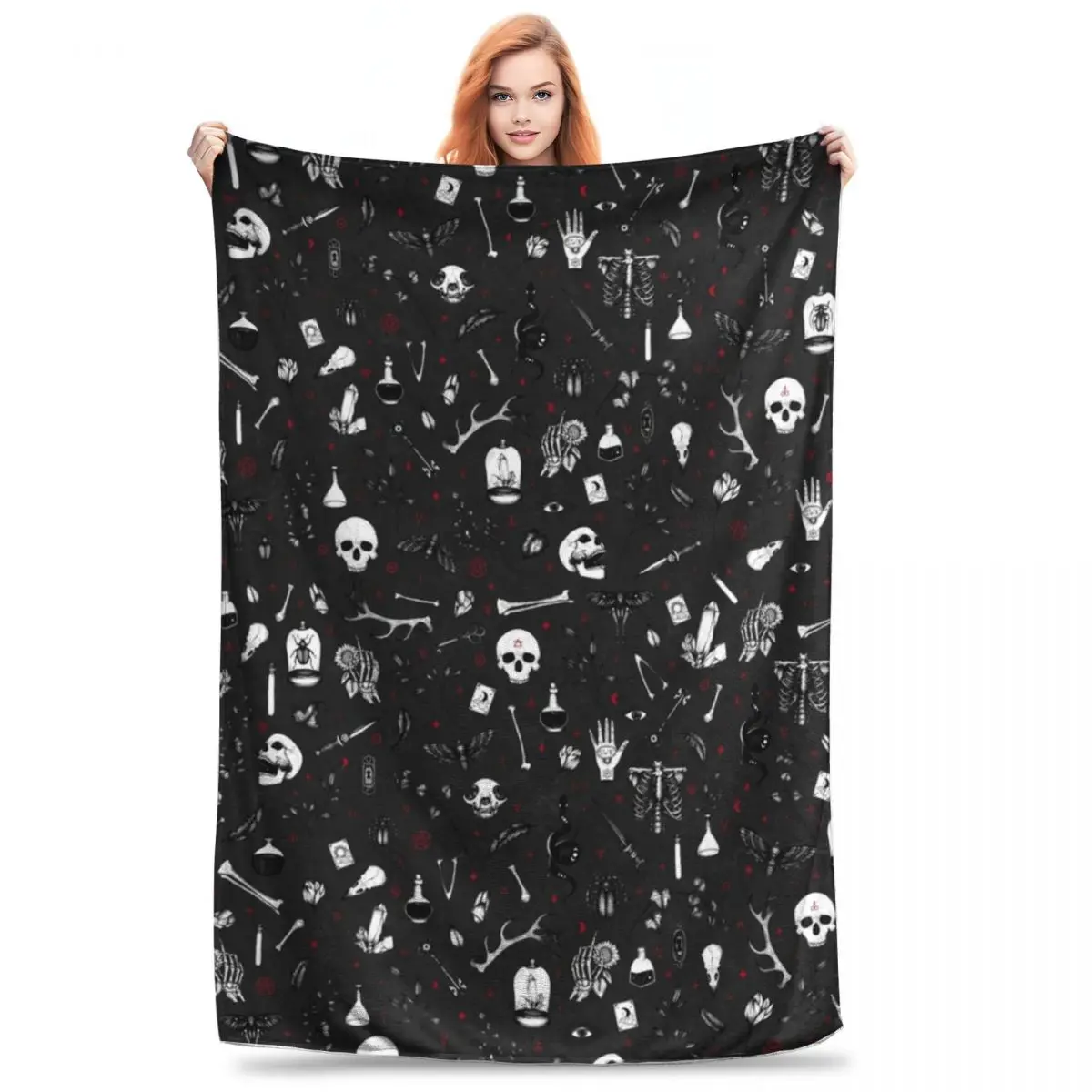 Curiosities Bone Black Skull Blankets Fleece Breathable Sofa Throw Blankets For Home Bedroom Office Throws Bedspread Quilt