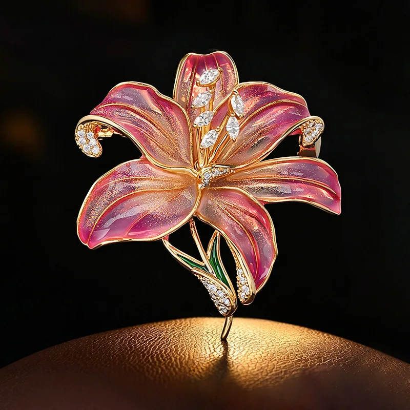 OKILY Glitter Gradual Change Enamel Lily Brooch Pin Pink and Blue Two-color National Style Cheongsam Flower Corsage Wholesale
