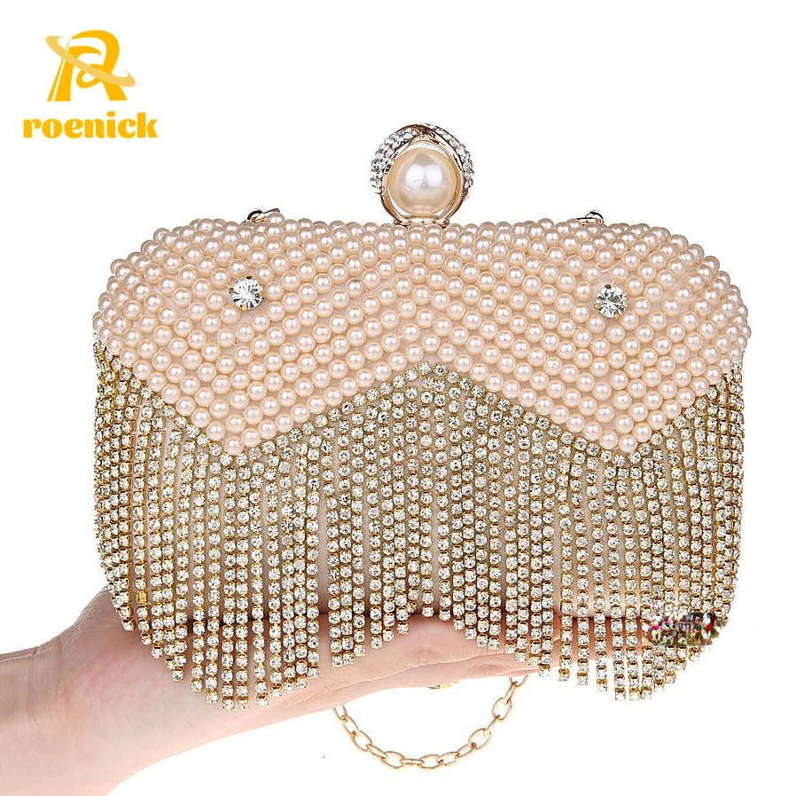 

ROENICK Women's Rhinestone Tassel Evening Bags Banquet Cocktail Pearl Beads Mini Day Clutch Shoulder Crossbody Handbags Purses