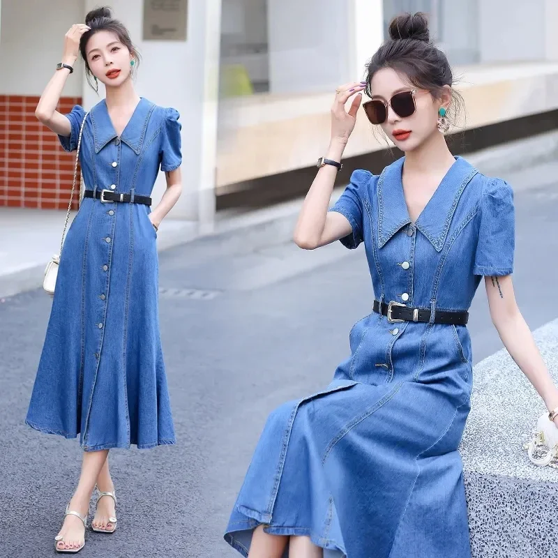 

Denim Dress Women Spring Summer New Temperament Waist Fashion Fishtail Skirt Female Single Breasted Long Slim Dresses ZT105