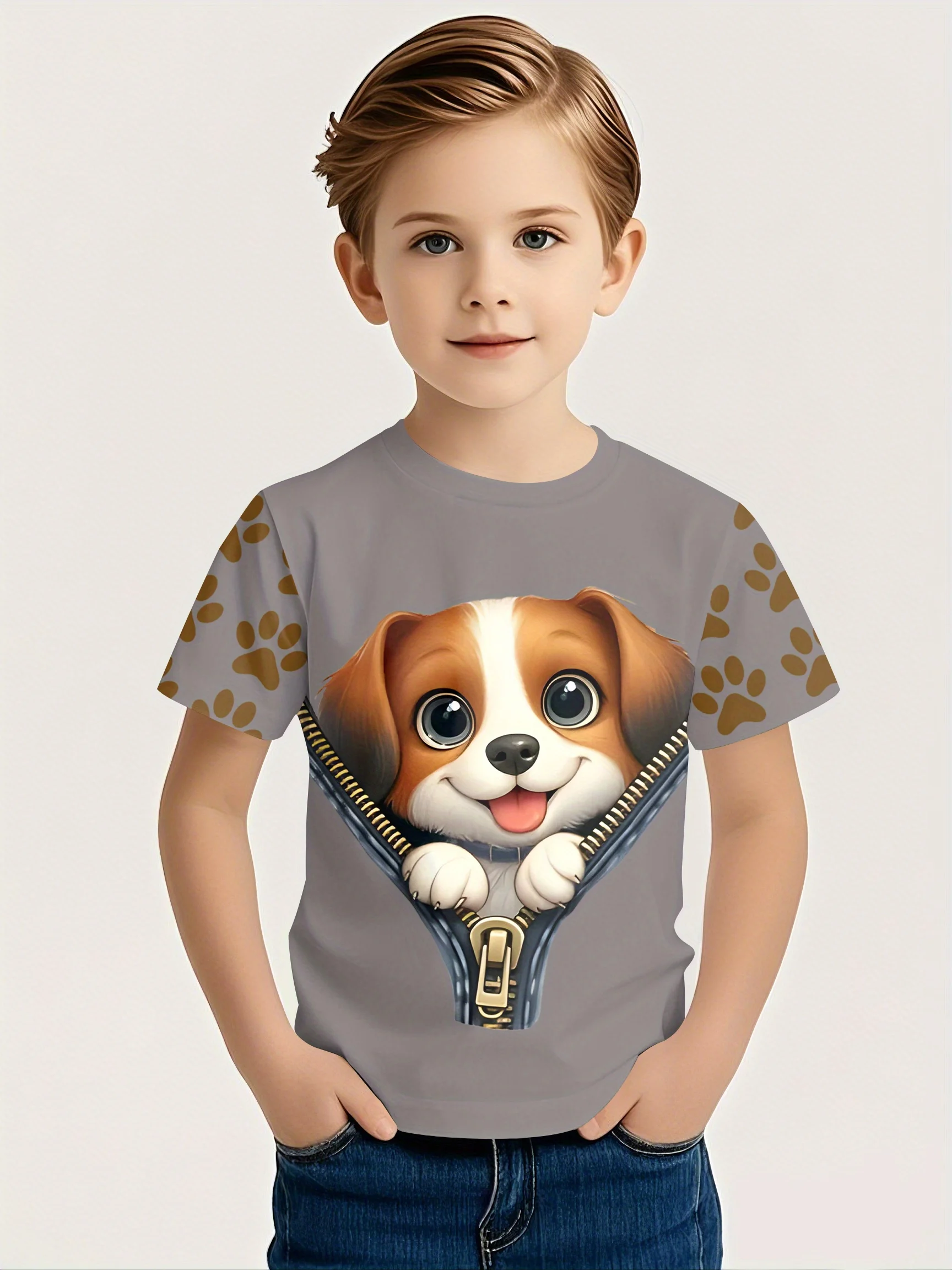 Kids‑Grey‑T‑Shirt‑Playful‑Puppy‑Breaking‑Through‑Clothes‑Print‑Casual‑Short‑Sleeve‑Summer‑Top‑Gift‑For‑Children