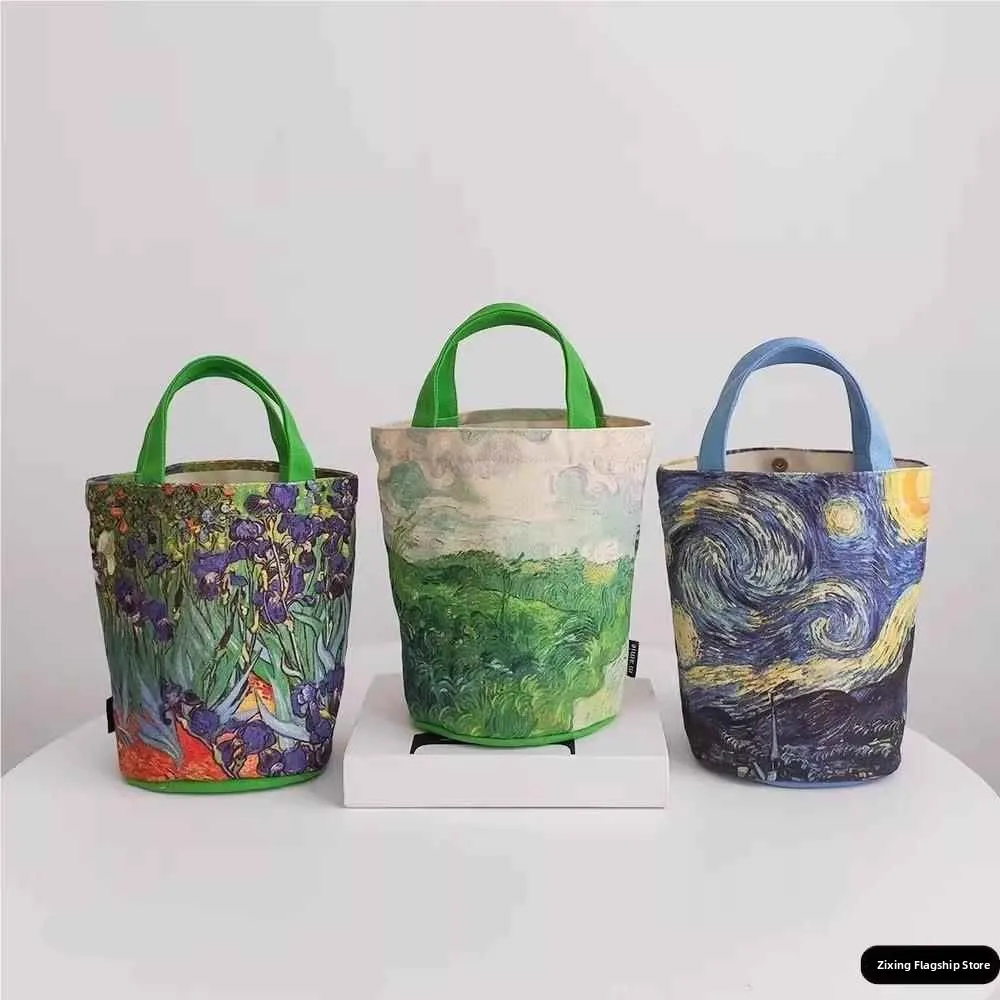 Fashionable Large Capacity Canvas Bucket Bag Artistic Handheld Retro Japanese Style Vincent Van Gogh Starry Night Handbag - view 3