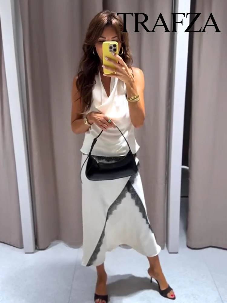 

TRAFZA Women New Fashion Lace Spliced Sexy Backless Neck Halter Slim Vest Top+Elegant Mid Waist Asymmetry Long Skirt 2-Piece Set