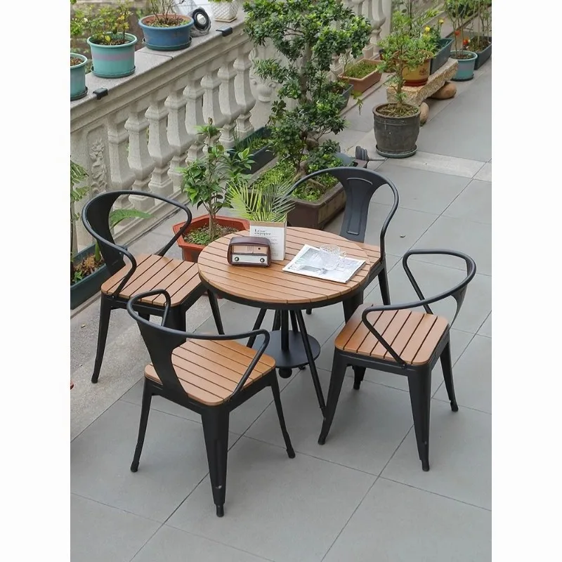 Anti-corrosive wood balcony tables and chairs outdoor leisure villa coffee milk tea shop courtyard waterproof plastic wood