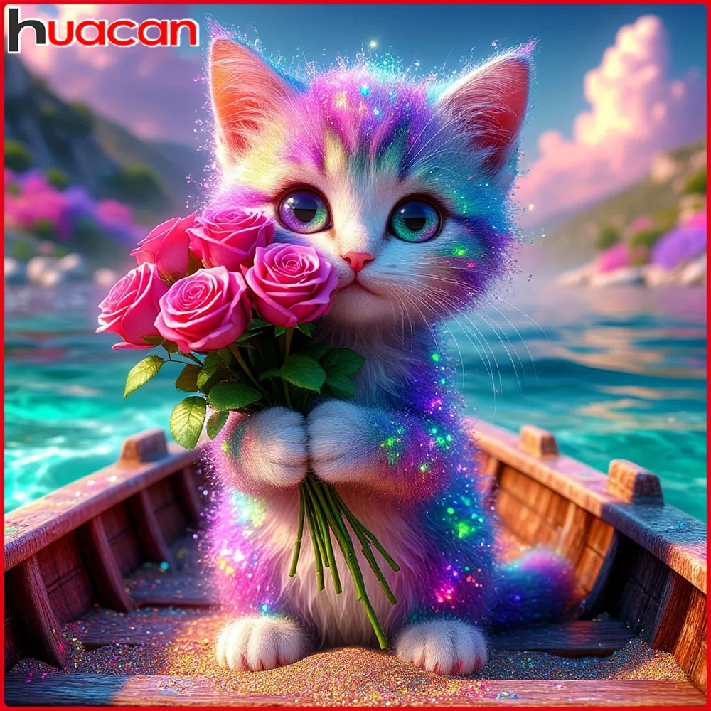 Huacan 5D-Diamantgemälde, Katze, Rose, Diamantmosaik, Tierblume, komplettes Set, dekorative Gemälde