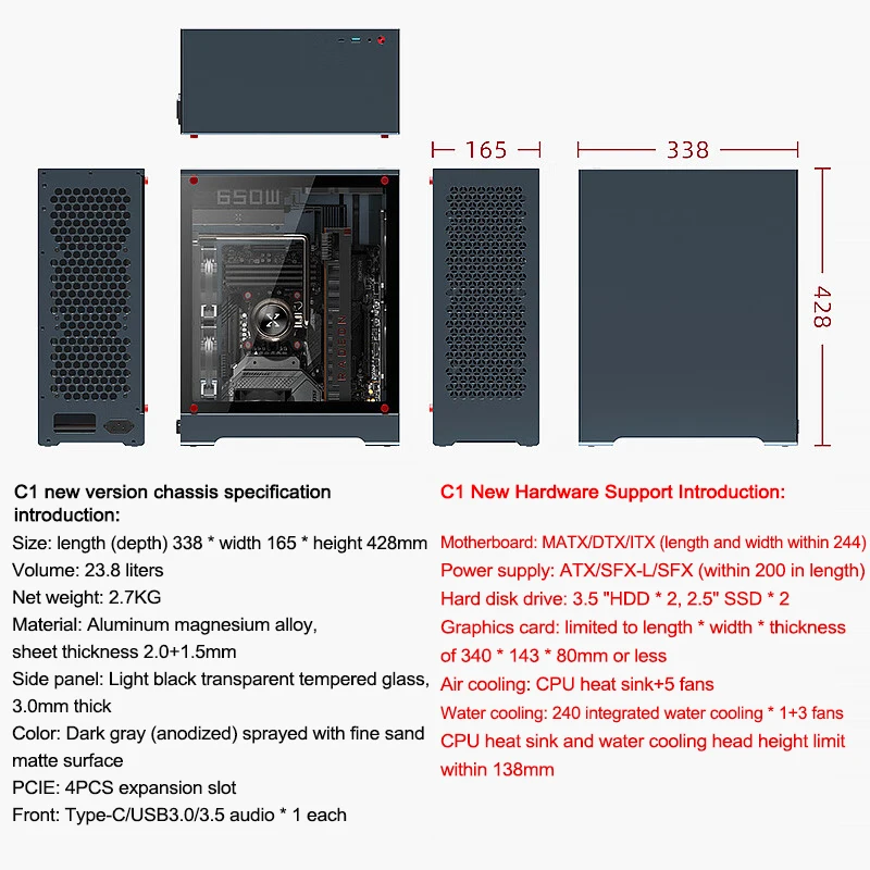 Imagem -05 - Zzaw C1-upgraded Versão de Todo o Alumínio Matx e Itx Lado da Caixa Vidro Temperado 240 Refrigerado a Água Mini Jogo Montagem Chassi para pc Desktop