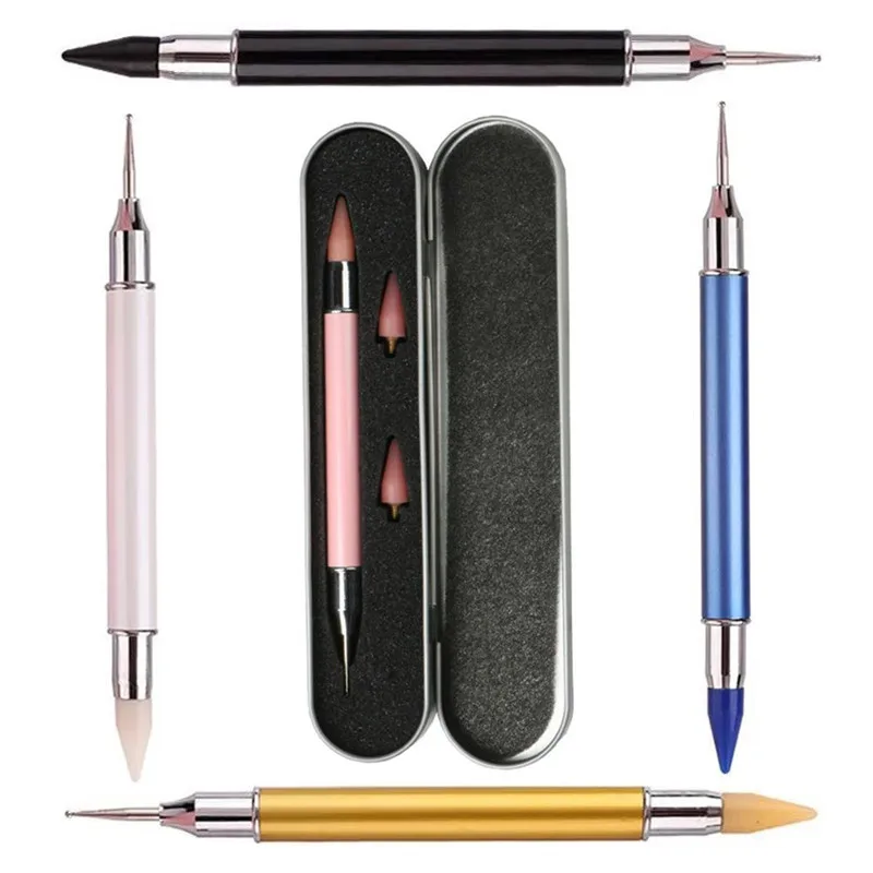 1PC両端ネイルアートドットペンセット、交換ヘッド2個付き、ラインストーンビーズスタッドピッカーワックスペンシルブラシネイルアートツール