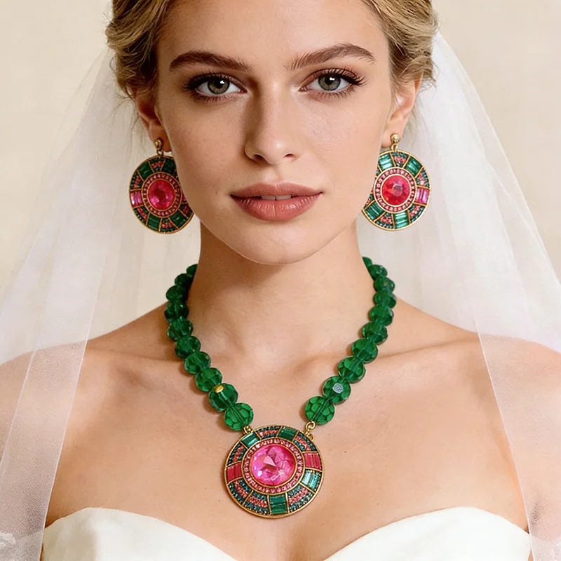 

Набор из 1/2 шт. цветных круглых подвесок со стразами для невесты, ретро-колье с кристаллами и серьги-гвоздики, свадебный комплект А