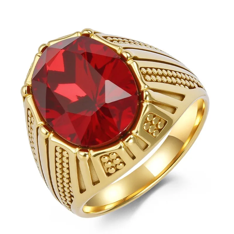 

Винтажные резные овальные кольца с красными, зелеными, синими драгоценными камнями для мужчин, 18-каратное золото, мужские крутые кольца из нержавеющей стали