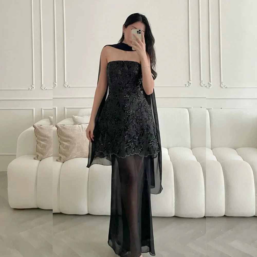 

Black Strapless Party Long Bespoke Occasion Gown Evening Dresses Pastrol Unisex Jersey Retro Dubai Saudi Arabic Prom Customized