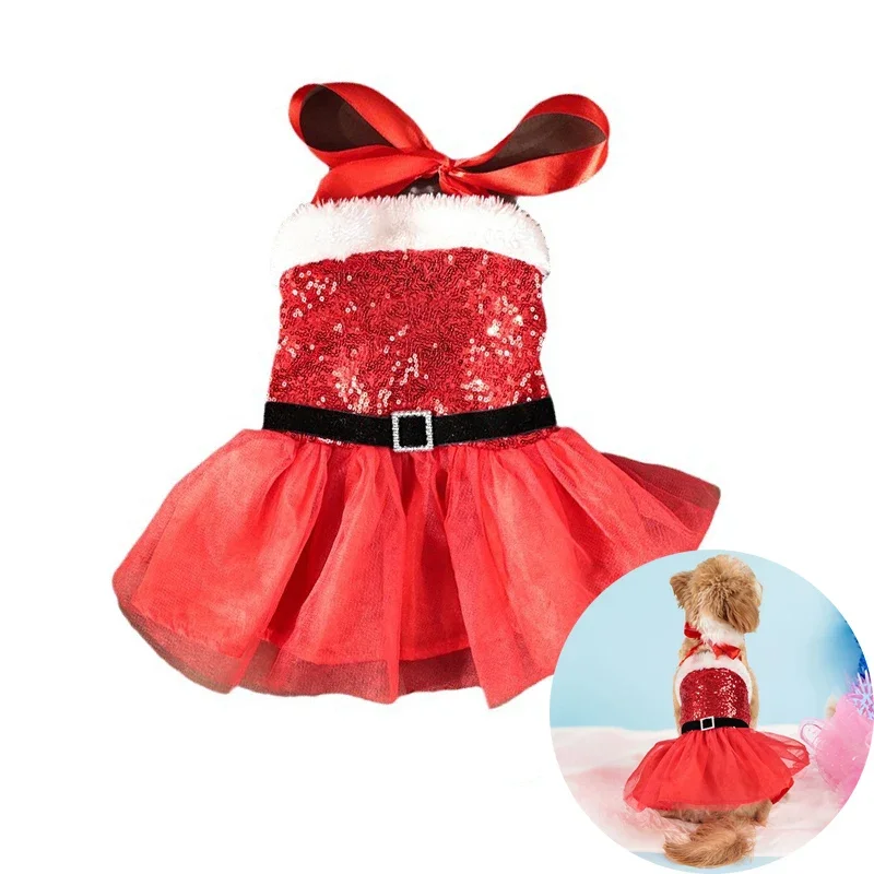 Bright Dog Christmas Cosplay Costume Sparkly Pet Tulle Dog Dress Puppy Clothes for Small Dogs Girl Red New Year Cat Apparel