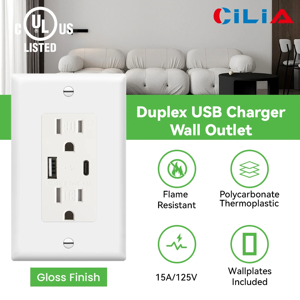 1pc Multi-Functional US Power Outlet with 2 AC sockets,a Type-C port, and a USB charging port, and a PVC pure white panel