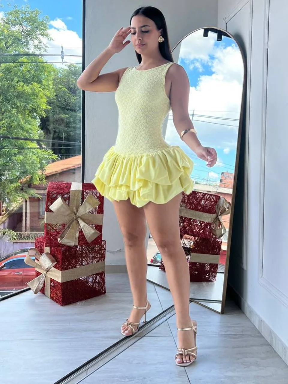 Süßes Spitzen-Sommerkleid für Damen, Ärmelloses Rüschenkleid aus Satin für Abschlussball und Party, Lässiges Modisches Puffärmel-Cocktailkleid aus Taft