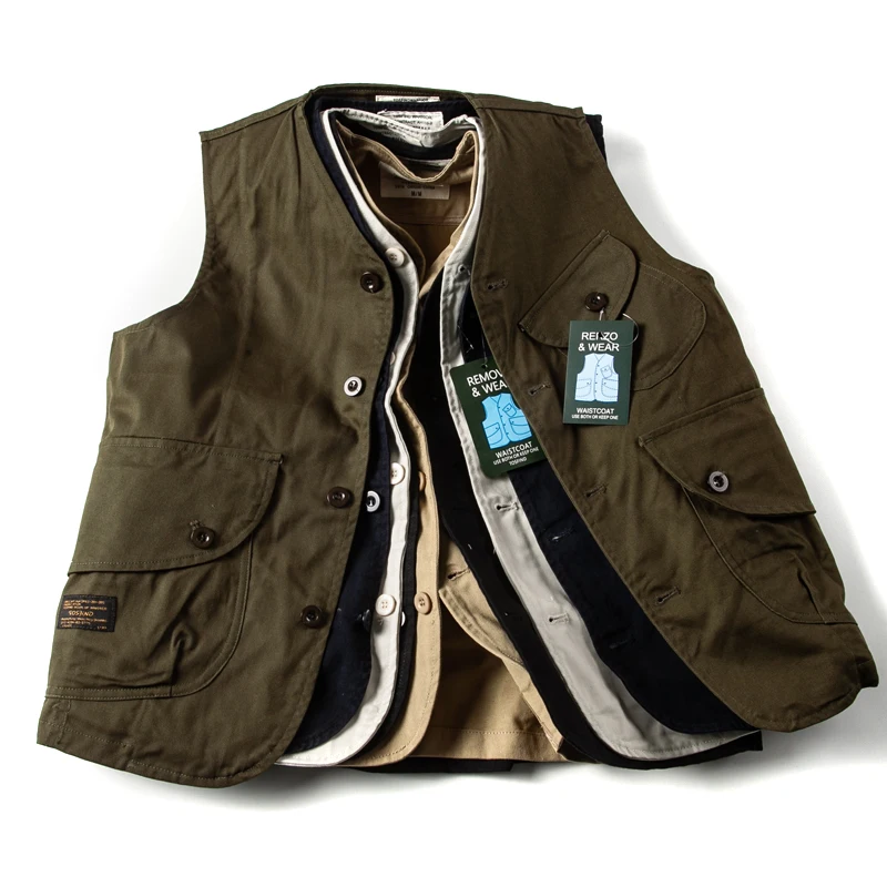 

2025 Spring New Japanese Retro Solid Color Cargo Vest Men's Simple 100% Cotton Washed Sleeveless V-neck Multi-pocket Casual Coat