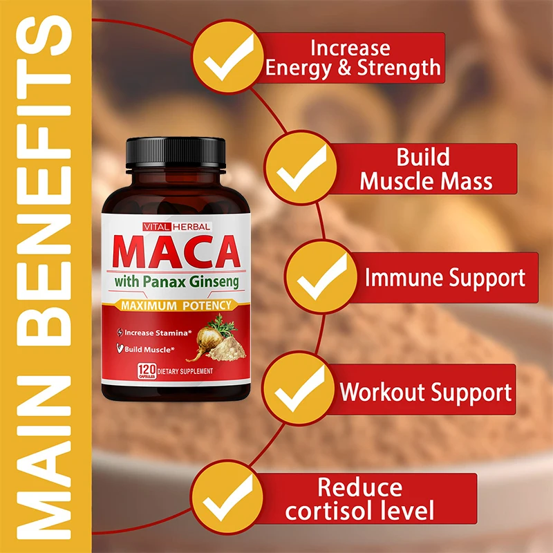 Maca Supplements - Ginseng Extract Capsules for Immune Support, Fat Burning, Strength, Energy, Performance and Muscle Mass