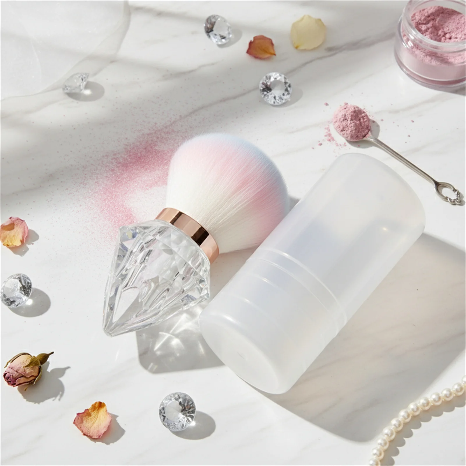 Brosse à poudre à tête de champignon avec manche en cristal, brosse de nettoyage du visage et de la poussière des ongles, brosse de maquillage en Fiber synthétique douce