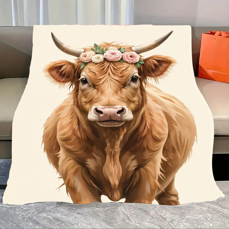 

1pc Flannel Blanket Chic Highland Cow Floral Crown Blanket for Cozy Home Decor